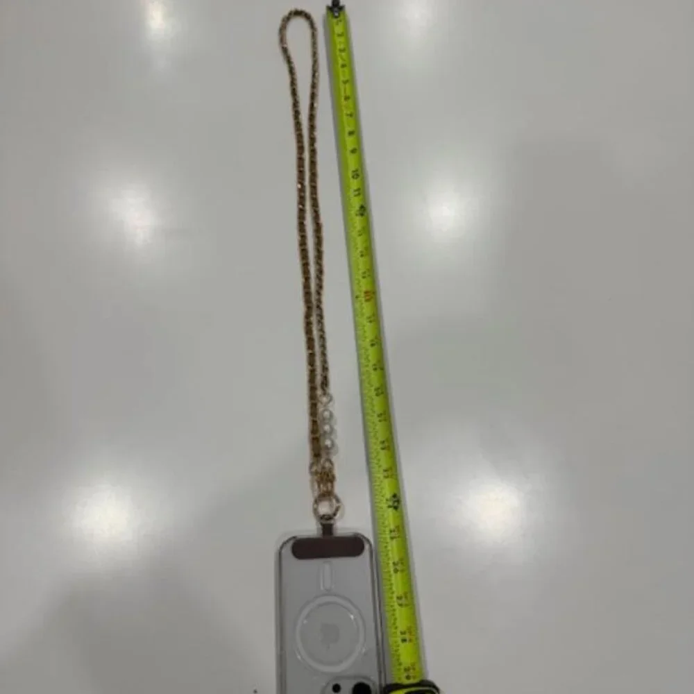 Tan Faux Pearl & Leather Chain Crossbody Phone Lanyard NEW